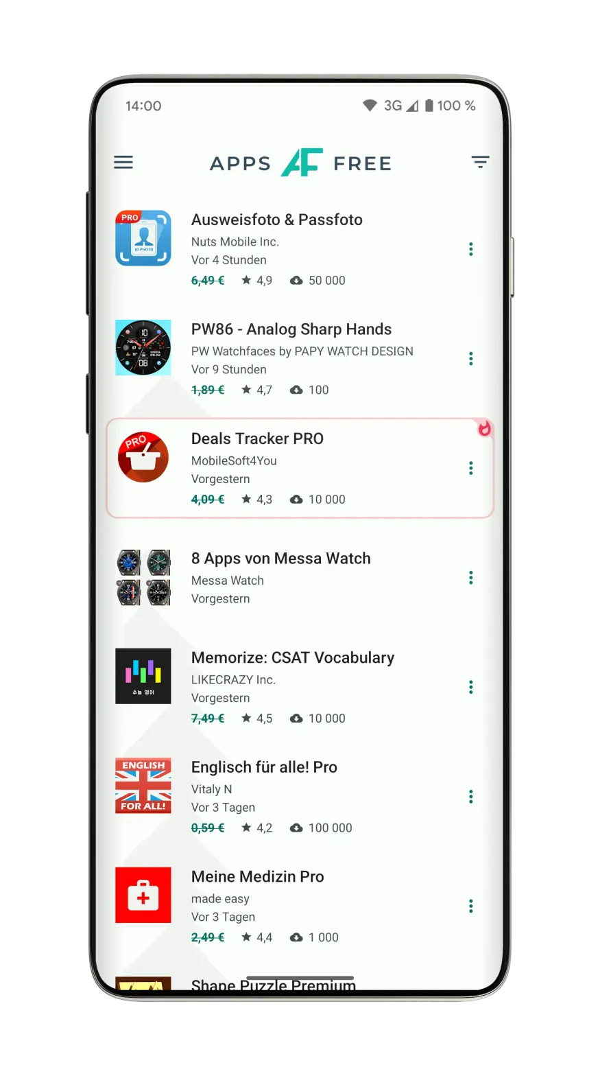 AppsFree App auf Handy - Liste von Apps im Angebot