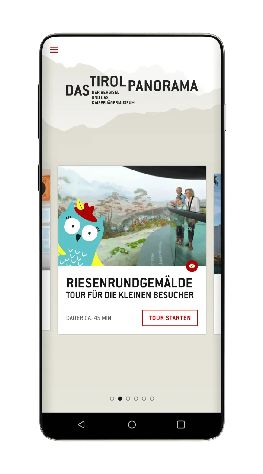 Handy mit Tirol Panorama App - Projekt für Tiroler Landesmuseen, mit interaktivem UI Design