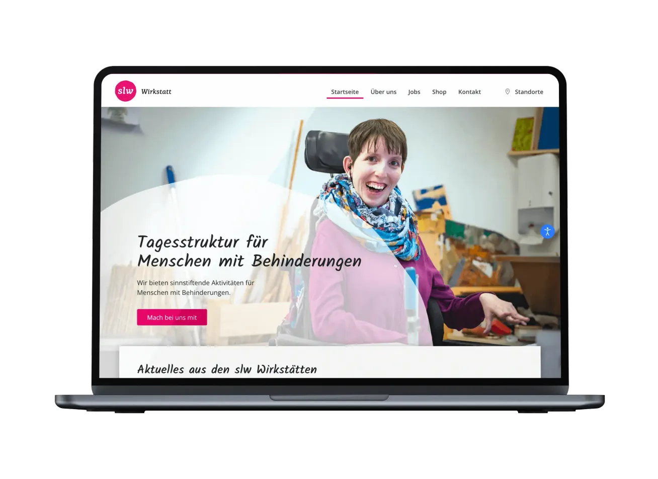 Screenshot der slw Wirkstatt Website. Ein benutzerfreundliches Webdesign für Menschen mit Behinderungen